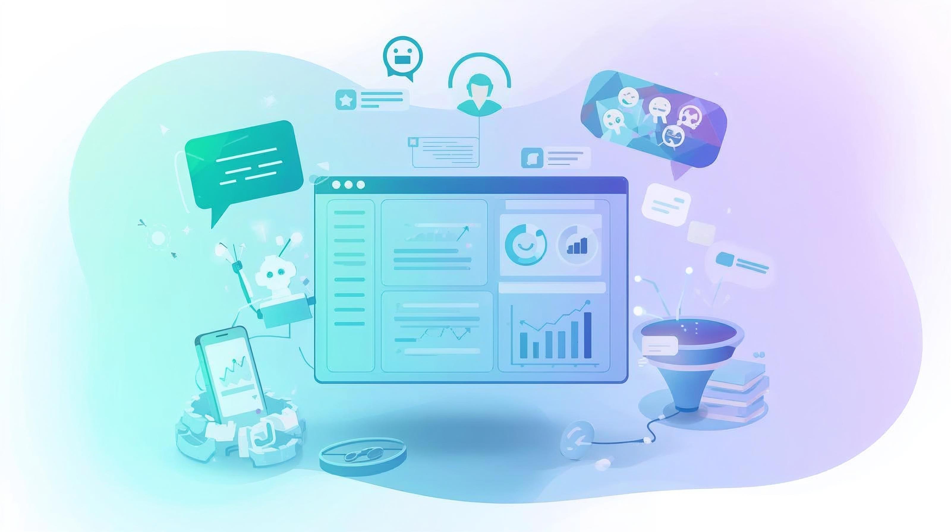 A clean, modern SaaS-style illustration showing an AI-powered customer service environment. In the centre, a large digital help desk dashboard is displayed, with ticket lists, chat bubbles, and analytics charts. Surroundi (1)