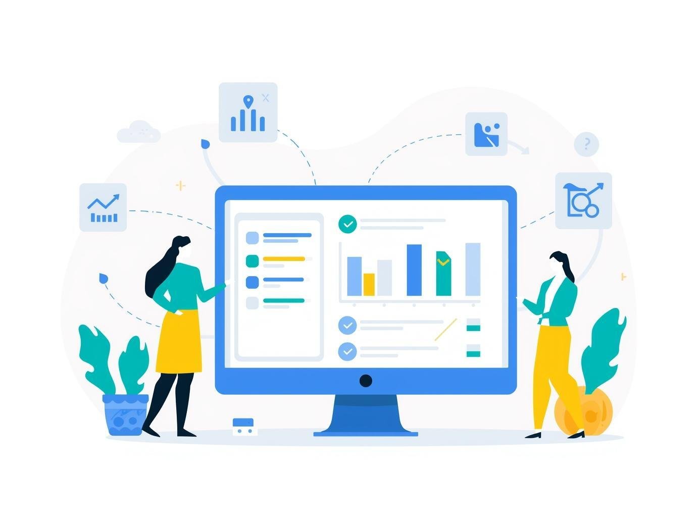 A flat vector illustration of a personalized B2B onboarding journey_ abstract geometric icons representing a consultant and client interacting with a digital dashboard. The dashboard shows tasks, progress bars, and personaliz