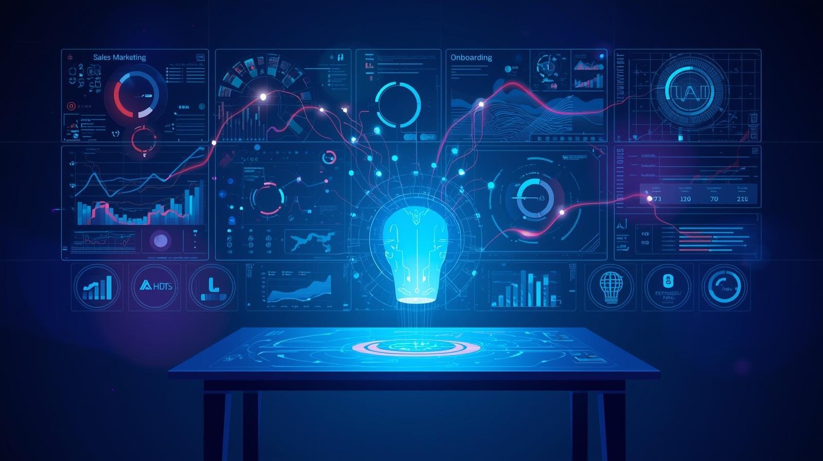A futuristic digital illustration of an AI-powered business control center_ a holographic AI assistant floating above a desk, projecting dashboards and analytics for sales, marketing, and onboarding. Flowing data streams conn