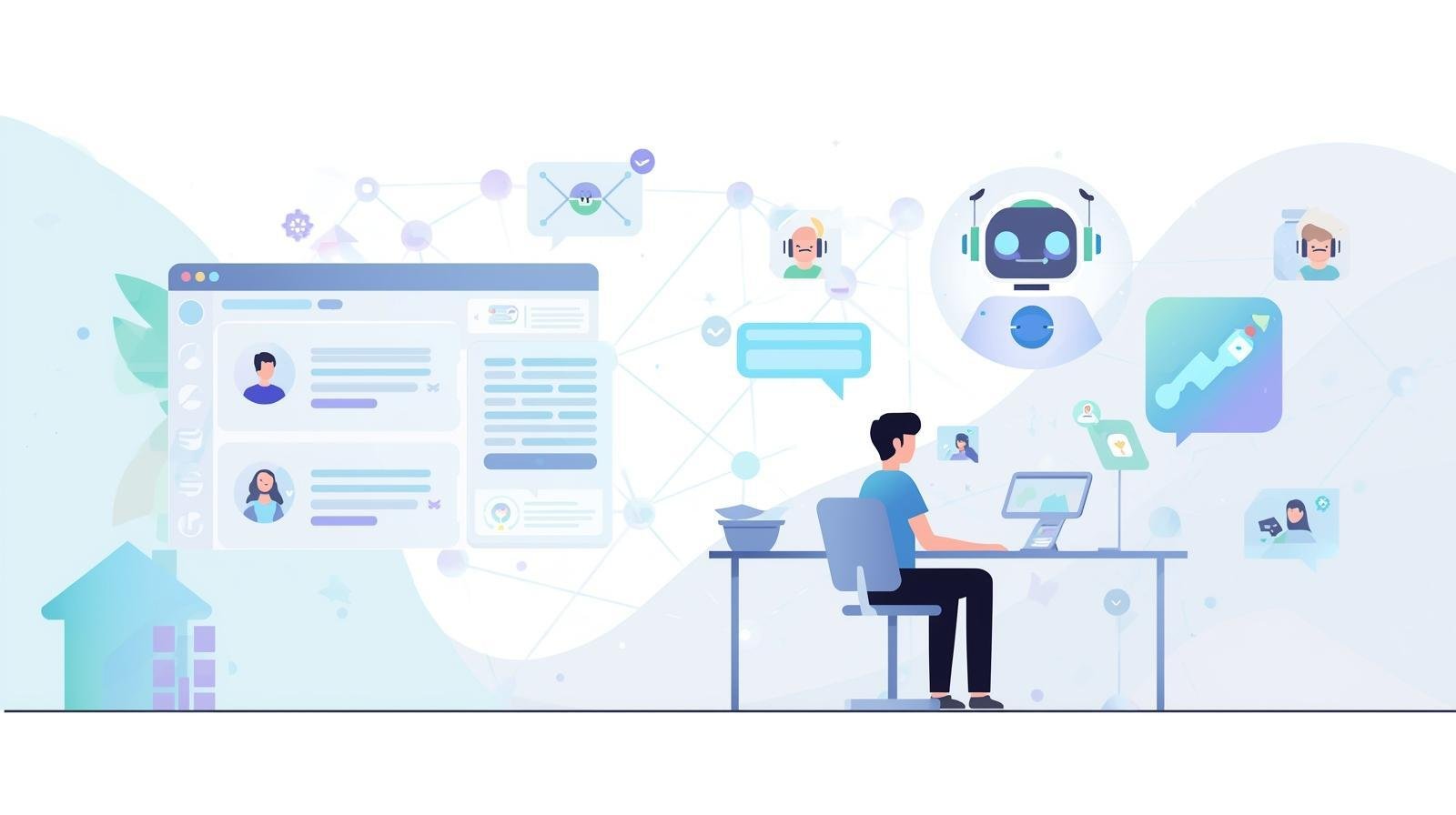 A modern digital illustration showing a customer support environment powered by AI. In the foreground, a support representative is working at a clean desk with multiple floating chat bubbles and support tickets around them, s