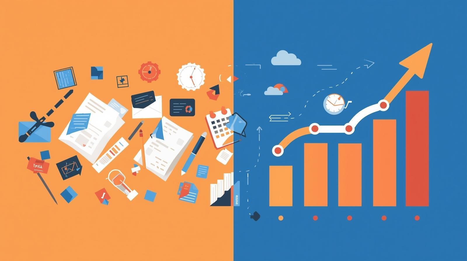 A modern flat-style illustration of a sales journey_ on the left, messy manual tasks like papers, emails, and sticky notes, transforming into a clear streamlined process on the right with graphs, deal pipelines, and an upward