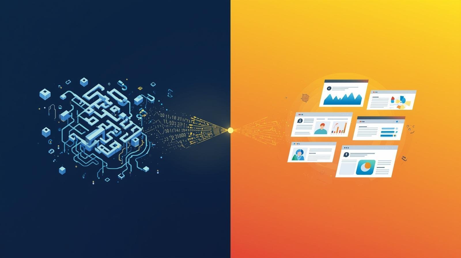 A professional vector illustration showing the transition from complexity to simplicity. On the left, a dark blue maze-like structure with scattered blocks and tangled data lines represents an old, heavy system. On the right,