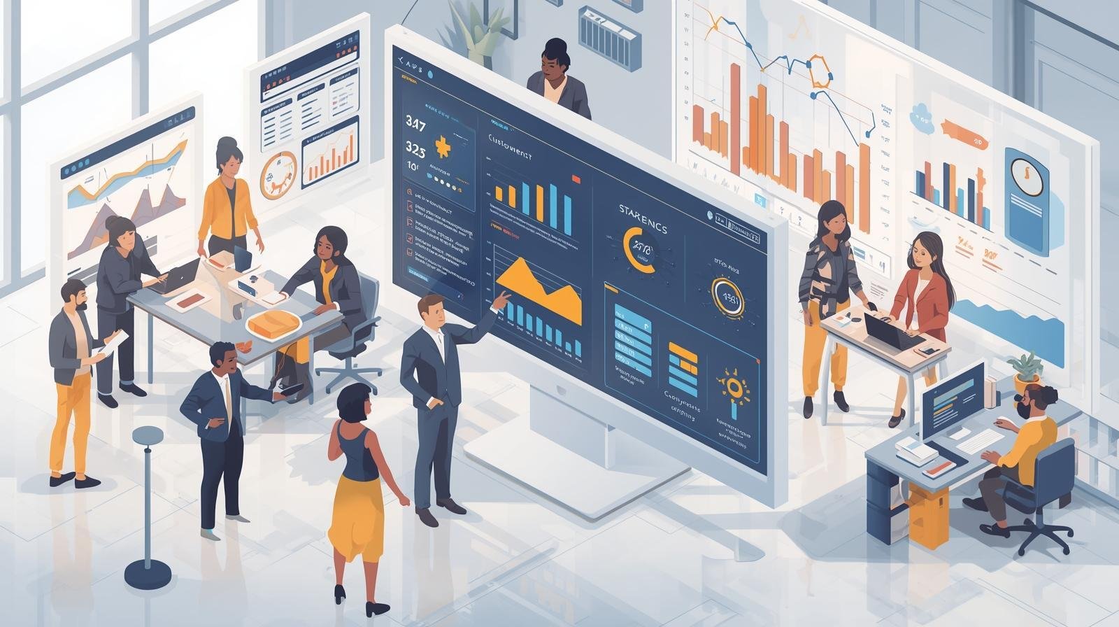 A realistic 3D illustration of a modern office environment with multiple screens and dashboards showing marketing, sales, service, and operations data. Employees are interacting with the screens, analyzing charts, pipelines, 