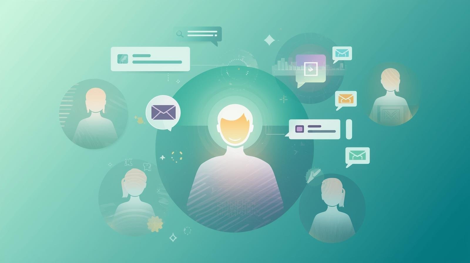 An abstract, futuristic illustration representing excellent customer service_ a glowing central figure symbolizing a happy customer, surrounded by floating abstract shapes representing chat, emails, tickets, and self-service.