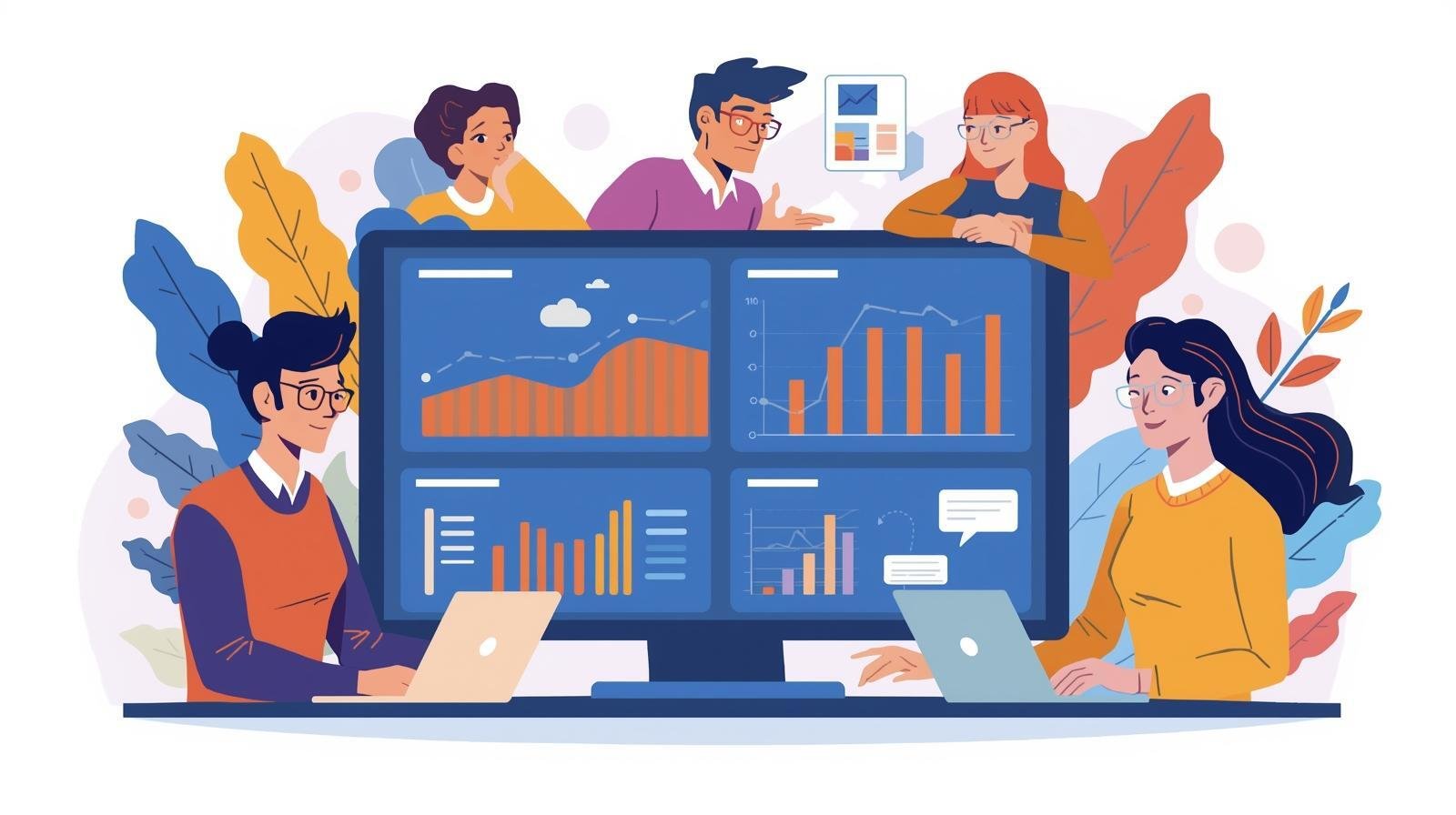 An illustration of a sales team working together around a digital dashboard. The dashboard shows charts, pipelines, and reports. The team looks collaborative and focused. Modern flat vector style, clean layout, orange and blu